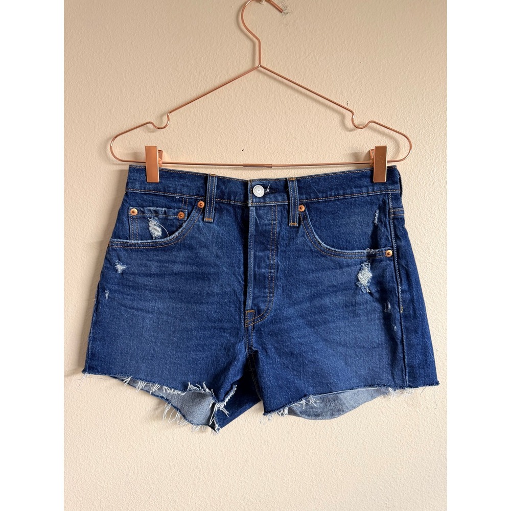 Levi's 501 High Rise Cutoff Denim Jean Shorts Dark Wash Button Fly‎ Women's 27 - Picture 2 of 5